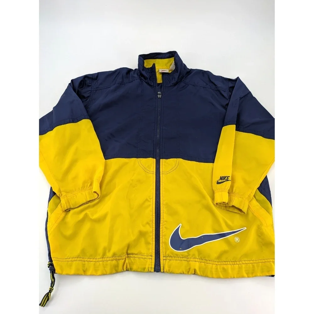 VTG 90s Nike Big‎ Swoosh Windbreaker Jacket Kids Large Blue Yellow Colorblock L